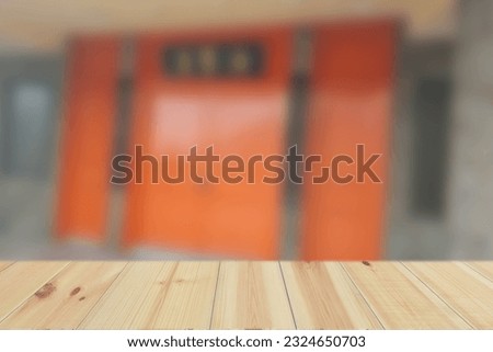 Empty Wood Plate Top Table On Blured Background Of Courtyard In Town