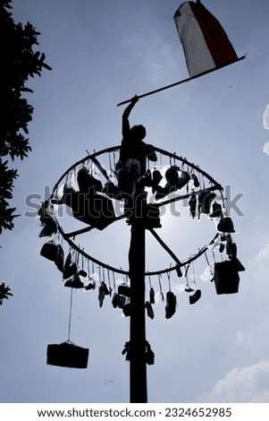 The silhouette of the winner of the areca climbing competition is seen at the top of the areca pole.