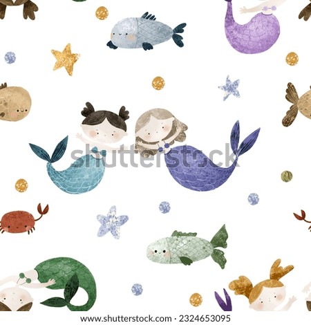 seamless pattern with Sea cartoon mermaids. Mermaid character, fish and underwater life. Cartoon girl with mermaids tail, underwater fishes. Summer pattern, nursery design and print
