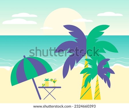 Seascape, beach umbrella, cocktail, pineapple on the background of the sea with palm trees. Clip art, print, poster	
