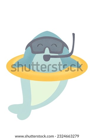 kind cartoon shark  in lifebuoy and diving mask. childish illustration with happy animal character isolated on white background. underwater giant marine scary predator fish swims in ocean. clip art