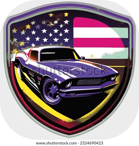 vintage retro distressed American flag badge design featuring a vintage car contour, t-shirt print with retro car. Vintage poster, the American flag. Side view. Flat vector.