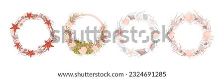 Decorative Sea Wreath Arranged of Shells and Conch from Ocean Bottom Vector Set