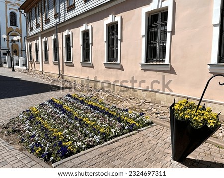 original floral decorations in front of the building