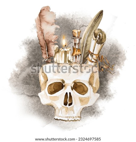 Magical potion in a bottle,quill,candle,letter in a scull. Witchery and wizardry concept. Halloween themed clipart. Witch's brew illustration. Wizard concept background.