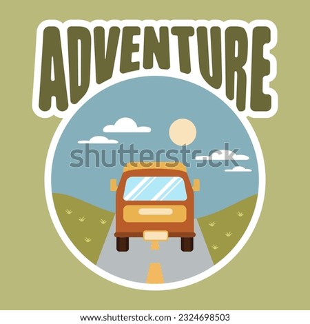 Travel illustration, bus on the background of a summer landscape and the text Adventure. Banner, clip art, poster	
