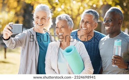Selfie, fitness and senior people in park exercise, workout and social media, healthcare or retirement group. Happy Yoga class, diversity women or friends in profile picture and training gear outdoor
