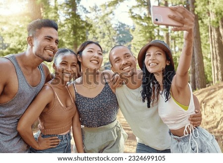 Friends in forest, camping and selfie, travel with diversity and bonding, group of people in nature and vacation. Summer, fun and happiness, men and women smile in picture, memory and relax outdoor