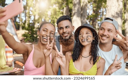 Peace sign, smile and selfie of friends camping in forest, woods or nature together. Happy, v hand and people taking picture for hiking, social media emoji or group memory outdoor on summer vacation.