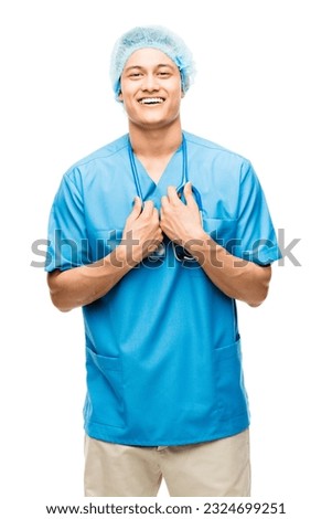 Portrait, nurse and excited man with stethoscope in studio isolated on white background. Confidence, medical professional and funny Asian surgeon, doctor or physician from Japan ready for healthcare.