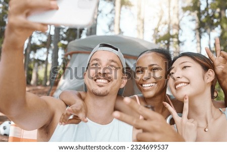 Happy, peace sign and selfie of friends camping in forest, woods or nature together. Smile, v hand and people taking picture for hiking, social media emoji or group memory outdoor on summer vacation.