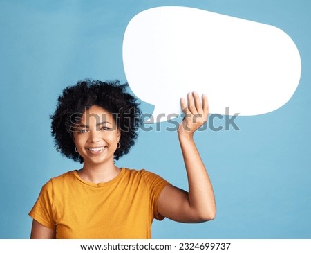 Speech bubble, portrait and woman voice, chat or social media opinion, college talk and news or University forum. Student or African person communication, FAQ mockup or quote sign on blue background