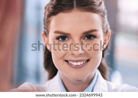 Happy woman, face and portrait in selfie for picture, memory or photo of doctor at the hospital. Female person, medical or healthcare professional smile with teeth for vlog, dental care and wellness