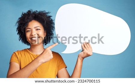 Speech bubble, communication portrait and woman pointing, social media and college talk, news or voice. Face of student or African person with chat mockup, opinion or quote sign on a blue background