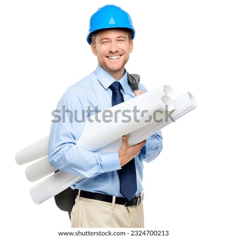 Architecture, blueprint and planning with portrait of man in studio for engineering, isolated and building. Graphics, floor plan and construction with contractor on white background for inspection