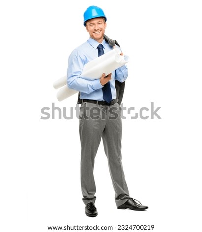 Engineering, blueprint and happy with portrait of man in studio for architecture, designer and building, Graphics, floor plan and construction with male contractor on white background for inspection