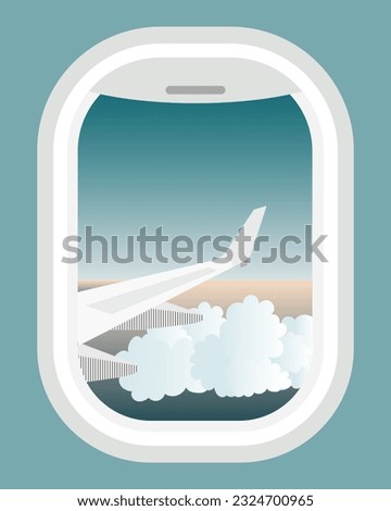 Travel illustration, sky with clouds and airplane wing from airplane porthole window. Banner, clip art, poster	
