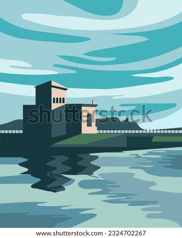 Seascape, port houses against the backdrop of the sea and colorful blue sky Clip art, print, poster	
