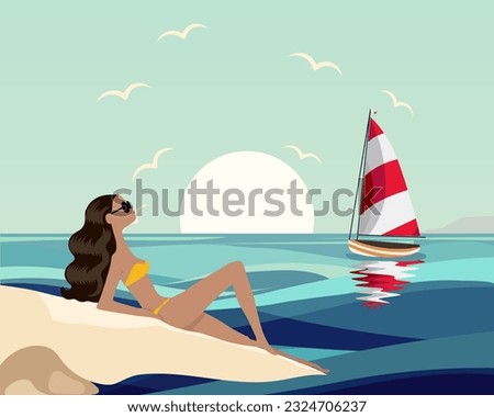 Seascape, beautiful woman in sunglasses sunbathing on the sea beach. Clip art, print, wall art	
