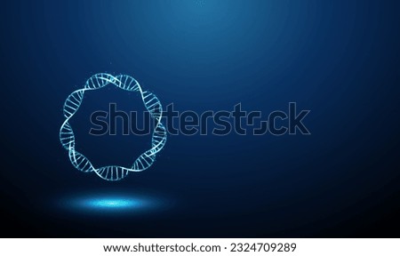 Abstract blue DNA molecule helixes swirled in sircle. Gene editing, genetic engineering concept. Low poly style design. Geometric background. Wireframe light graphic connection structure. Vector. Royalty-Free Stock Photo #2324709289