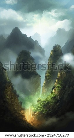 Mountain watercolor painting Chinese houses on the mountain Chinese spring landscape Trees and mountains Narrow mountain road sunset foggy spring fall summer 
