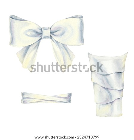 Watercolor illustrations of white bows and ribbons to decorate bouquets for wedding, birthday, Valentine's Day, Mother's Day, Women's Day, Parents and Daughters' Day, Easter, Christmas. 