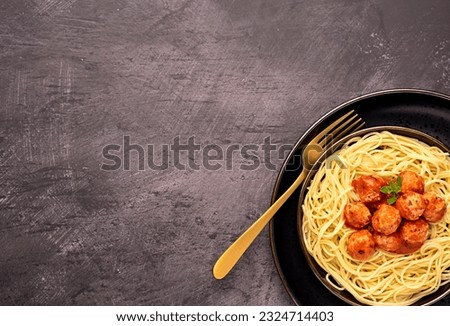 Blank food photography of meatball, chicken, beef; meat, spaghetti, pasta, tomato, sauce, oregano, fried, grilled, roasted, fork Royalty-Free Stock Photo #2324714403
