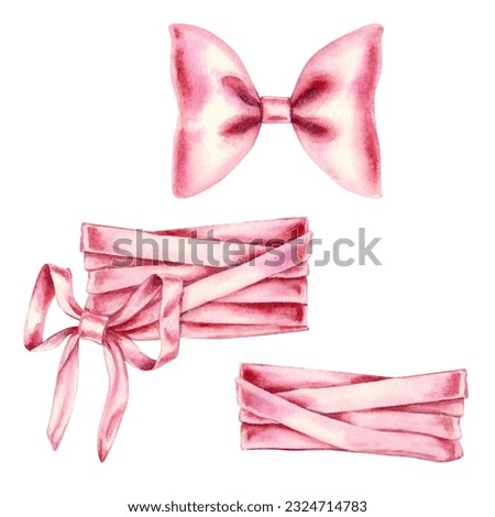 Watercolor illustrations of pink bows and ribbons to decorate bouquets for wedding, birthday, Valentine's Day, Mother's Day, Women's Day, Parents and Daughters' Day, Easter, Christmas. 