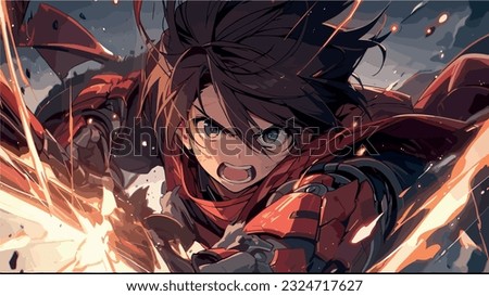 A dynamic Action Anime-style scene captures characters leaping through the air Royalty-Free Stock Photo #2324717627