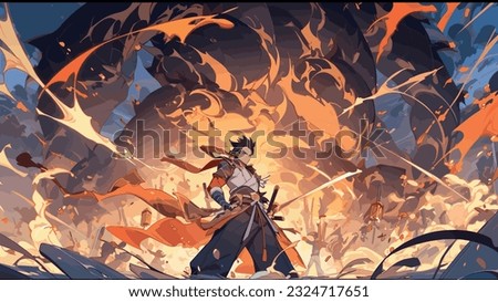 fantasy anime of a man with swords in front of a large fire Royalty-Free Stock Photo #2324717651