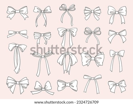 Set of bows. Outline icons with elegant ribbons and ties. Stickers with symbol wedding celebration and birthday party decorations in hand drawn style. Cartoon flat vector isolated on white background Royalty-Free Stock Photo #2324726709