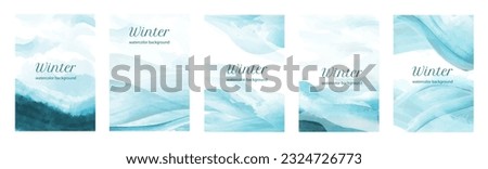 Watercolor winter posters set. Creative abstract banners with blue brush strokes. Delicate luxury covers and backgrounds for design of brochure and wedding invitation. Cartoon flat vector illustration Royalty-Free Stock Photo #2324726773