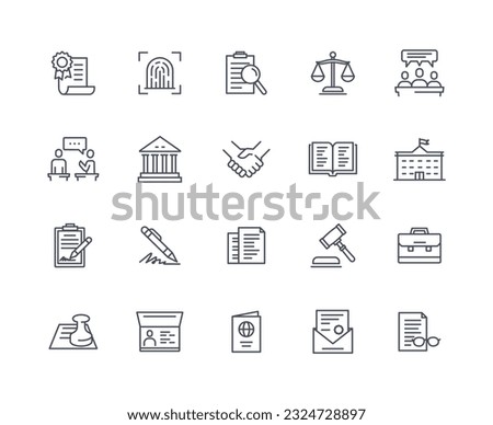 Court lawyer icons outline set. Legal support and jurisprudence. Legal services in court building. Documents and contracts. Linear flat vector collection isolated on white background Royalty-Free Stock Photo #2324728897