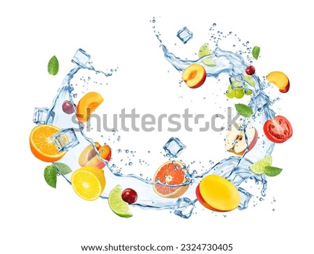 Swirl water flow wave splash with fruits. Realistic 3d vector liquid flow with fresh mango, grapefruit, orange and peach. Apple, grapes, lime, mint leaves and ice cubes. Refreshing summer fruity mix Royalty-Free Stock Photo #2324730405