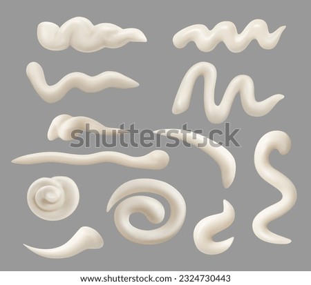 Mayonnaise drops, spills and splashes, stains, smears and spatter. Isolated realistic 3d vector set of mayo, cheese sauce or vanilla cream drips. Strokes, swirls, blobs of yoghurt or cosmetic mousse Royalty-Free Stock Photo #2324730443
