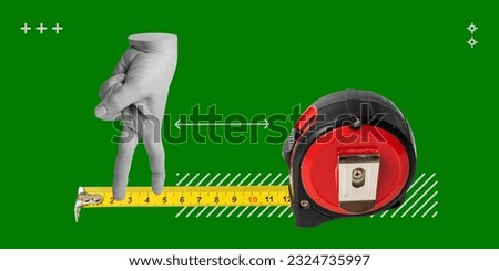 Accuracy and measurement, Engineering Calculations, Quality and Standards, Professional Precision. Hand steps on tape measure. Hand steps on tape measure. Minimalist art collage Royalty-Free Stock Photo #2324735997