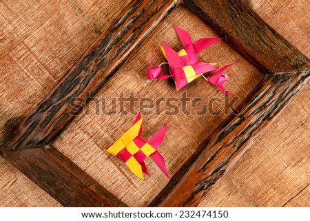 Wooden old photo frame on old wooden background.