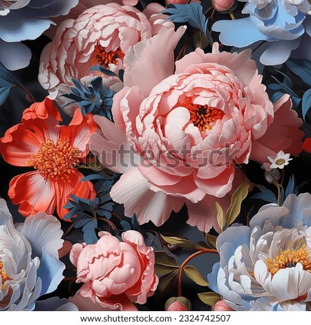 Seamless vector background with colorful peonies, vintage watercolor style.