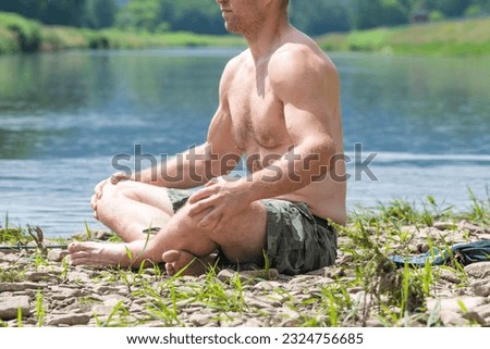 Meditation yoga mindfulness by the river soaking in the sun people lifestyles hiking backgrounds copy space