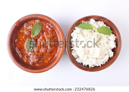 Indian Dish Rice & Red kidney beans (Rajma) in Wooden Bowls