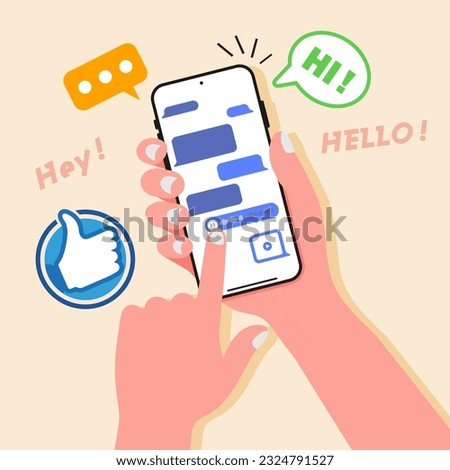 Hand holding phone and message bubble chats for smartphones, with colorful speech bubbles boxes on smartphone screen. Vector chat boxes designed for mobile messaging applications. Vector.