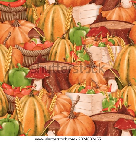 Seamless autumn pattern. pumpkins, boxes with harvest, apples, fruit baskets, mushroom. decorated with spikelets of wheat and rye. for greeting card, postcards, textile, websites, stories, notebooks