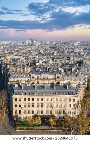Paris, beautiful Haussmann facades and roofs in a luxury area of the capital, view from the triumph arch