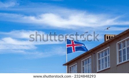 Icelandic flag next to a house facade in reykjavik, iceland in sunny weatherand with flying sea gulls next to it