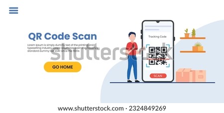 QR code scan service banner. Verification concept. 3d hand with smartphone scans QR code. Template design for website, landing page, social media. Vector illustration	