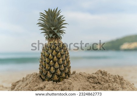 Fruit man made of pineapples on the beach fruit tourism for health Funny and cute sunbathing fruits. Festive food. Summer travel concept. white background design invitation to visit copy space