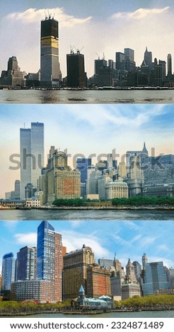 New York, USA - 1981: historical skyline from 1970 with Twin Towers under construction. New York skyline with World Trade Center in 1980s, and Lower Manhattan of New York in 2007 without Twin Towers.