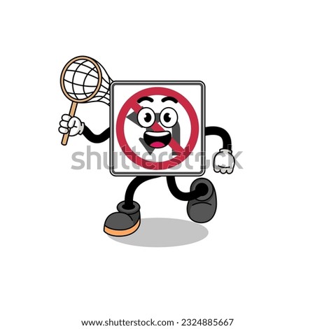 Cartoon of no left or U turn road sign catching a butterfly , character design