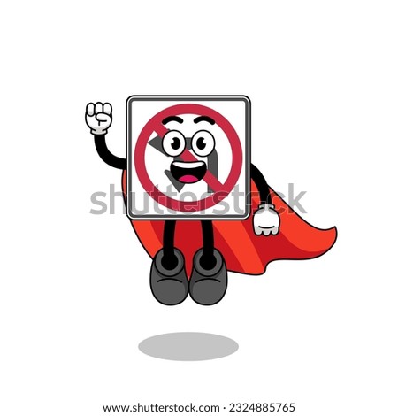 no left or U turn road sign cartoon with flying superhero , character design
