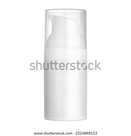 Luxury airless vacuum bottle, pump jar container with dispenser for cosmetic packaging. White satin finish, small travel size, refillable, sterile. Isolated on white background Royalty-Free Stock Photo #2324888153